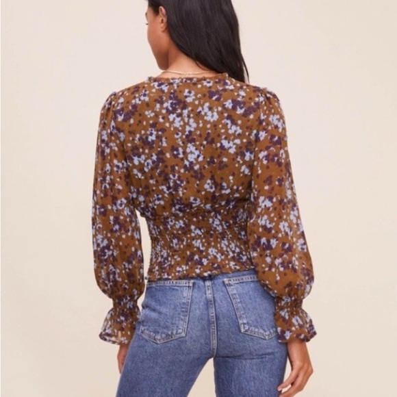 Astr The Label Blue Brown Floral Ruffle Blouse size L - Picture 2 of 13